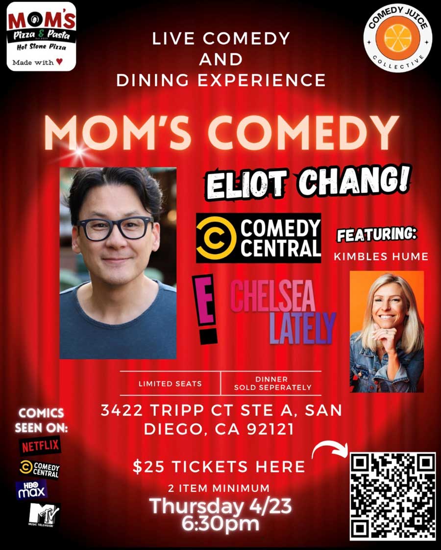 Comedy show poster with Eliot Chang, Kimbles Hume & San Diego’s Best Pizza; event details listed.