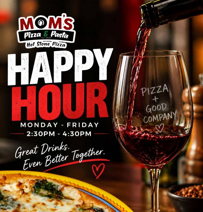 Red wine pouring into a glass for a San Diego’s Best Pizza happy hour advertisement.